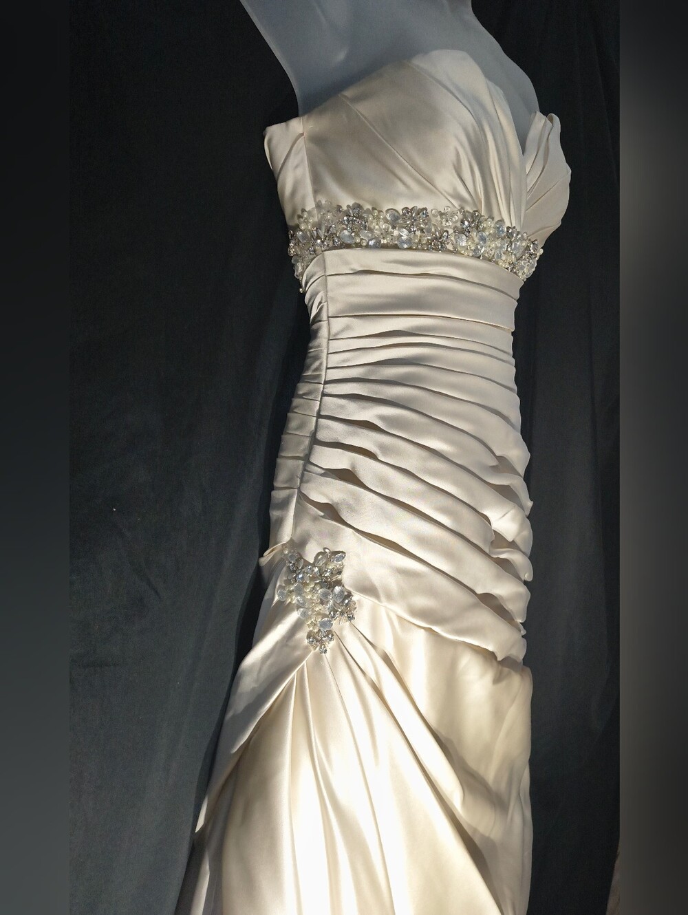 NWT Sophia Tolli Strapless Cream Satin Ruched Gown with Beaded Waist - Picture 3 of 11